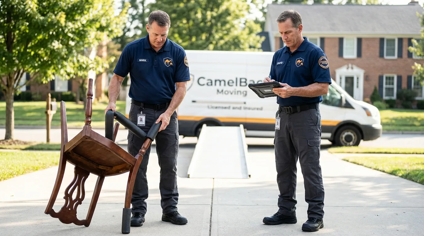 Movers inspecting furniture for damage prevention before loading in Adams, NY