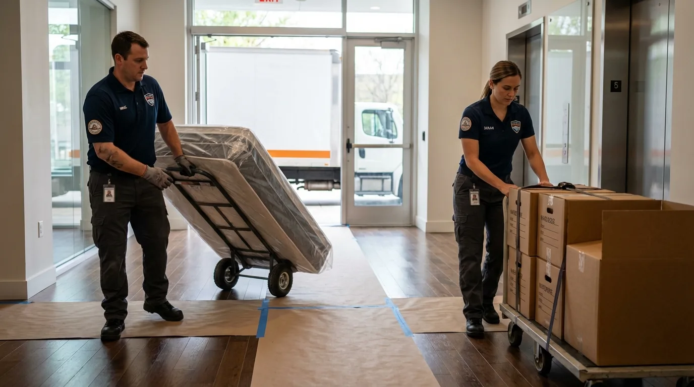 Professional apartment movers loading elevator in Adams, NY